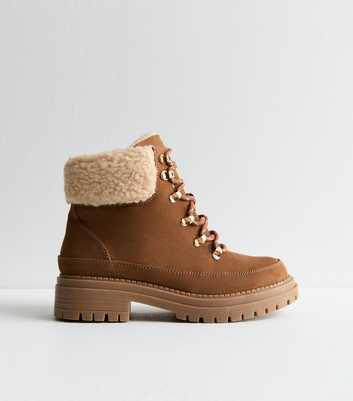 Wide Fit Tan Borg Trim Lace Up Ankle Boots