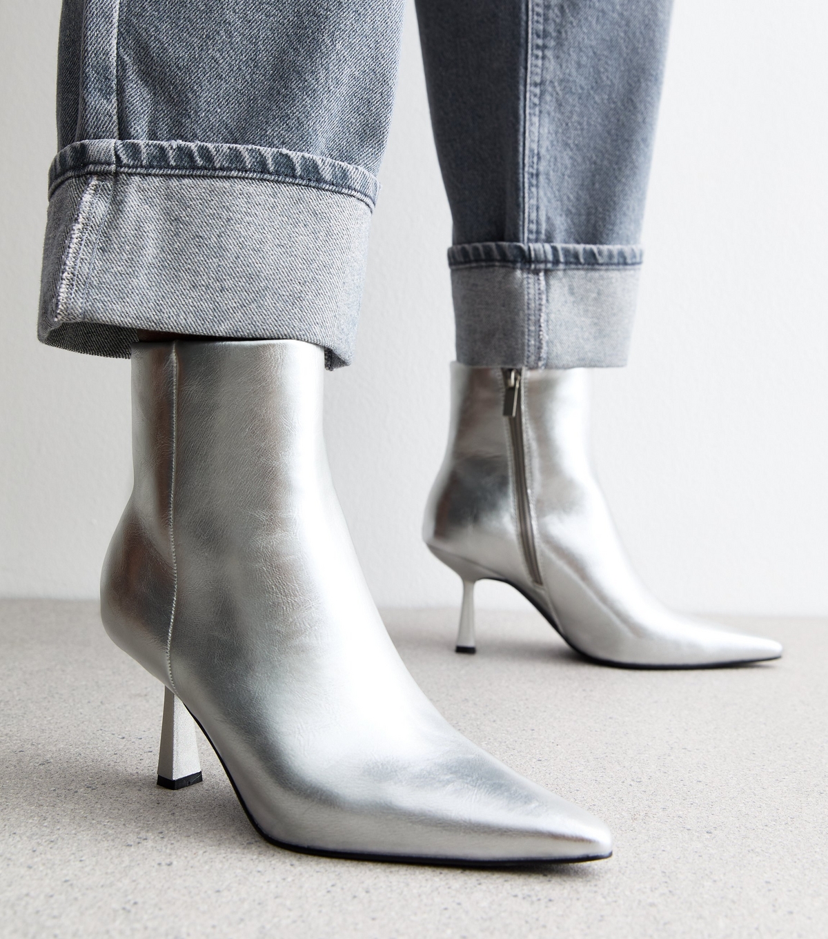 Women's Silver Leather-Look Heel Ankle Boots Vegan New Look