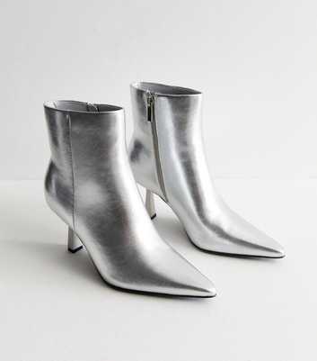 Silver Leather-Look Heel Ankle Boots