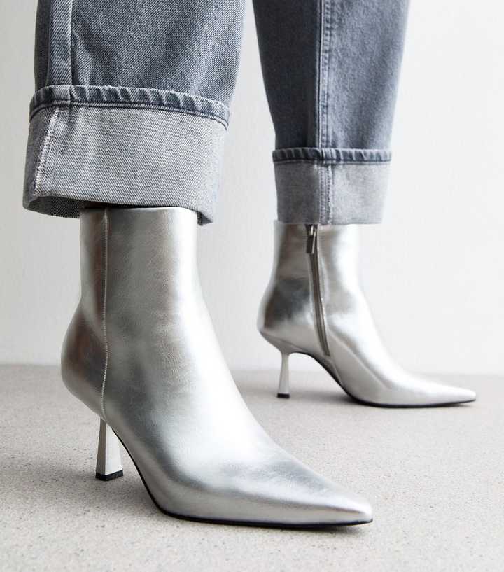 Silver Leather-Look Heel Ankle Boots