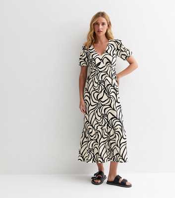 White Squiggle Print V Neck Midi Dress