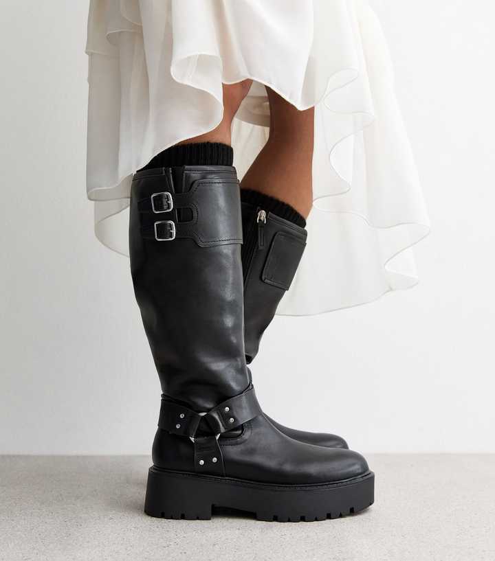 Black Chunky Buckled Faux Leather Knee High Boots | New Look