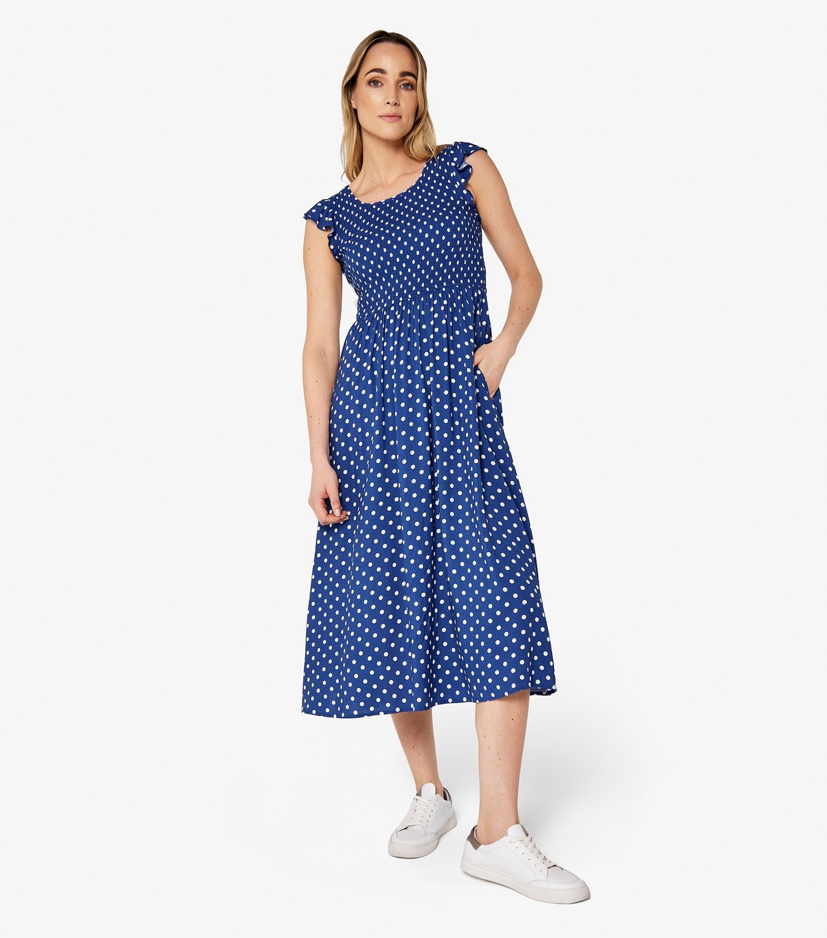 Women's Blue Polka Dot Midi Dress Apricot New Look