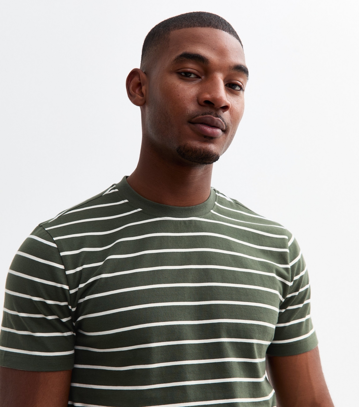 Men's Green Cotton Striped Crew Neck T-Shirt New Look