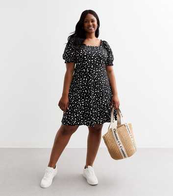 Curves Black Spot Print Crinkle Puff Sleeve Mini Dress