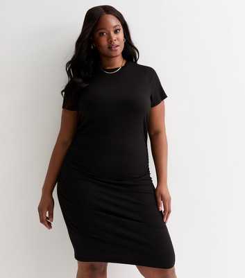Curves Black Short Sleeve Ruched Mini Dress