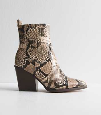 Brown Snakeskin Leather Look High Ankle Boots 