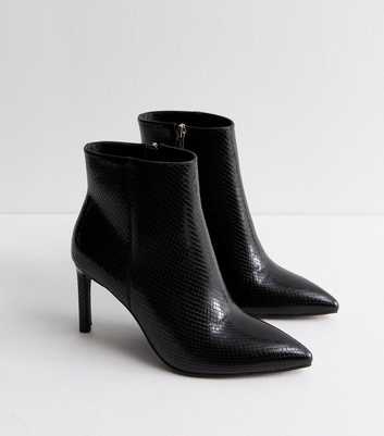 Black Leather Look Pointy Heeled Ankle Boots