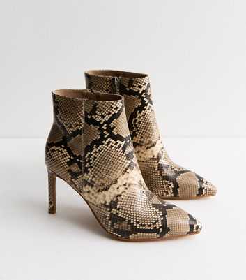 Brown Snakeskin Leather Look Pointy Heeled Ankle Boots