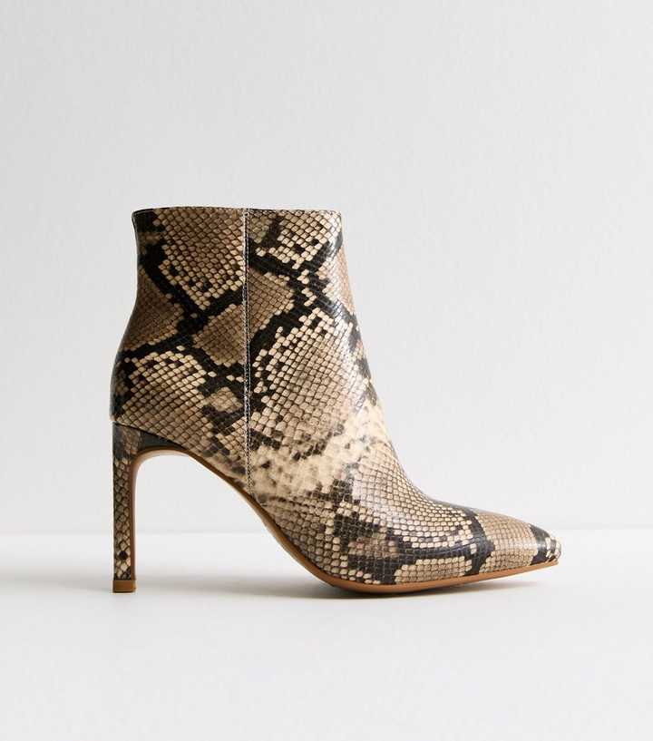 Brown Snakeskin Leather Look Pointy Heeled Ankle Boots
