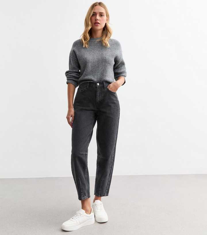Washed Black Denim Barrel Leg Jeans