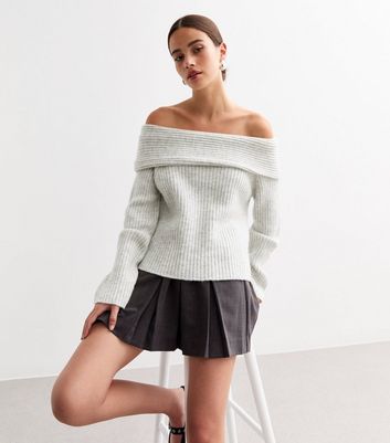 Grey Ribbed Knit Bardot Jumper New Look