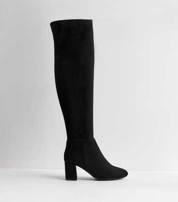 Black Faux Suede Block Heel High Leg Boots