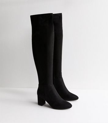 Black Faux Suede Block Heel High Leg Boots New Look