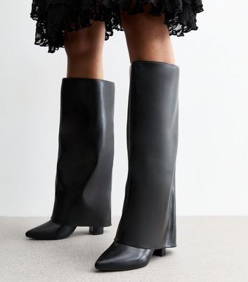 Black Foldover Leather Look Knee High Boots New Look