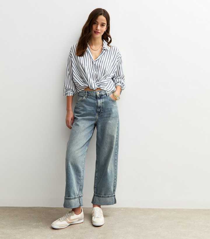 Pale Blue Straight Leg Turn Up Jeans