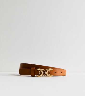 Tan Leather-Look Curved Buckle Skinny Belt