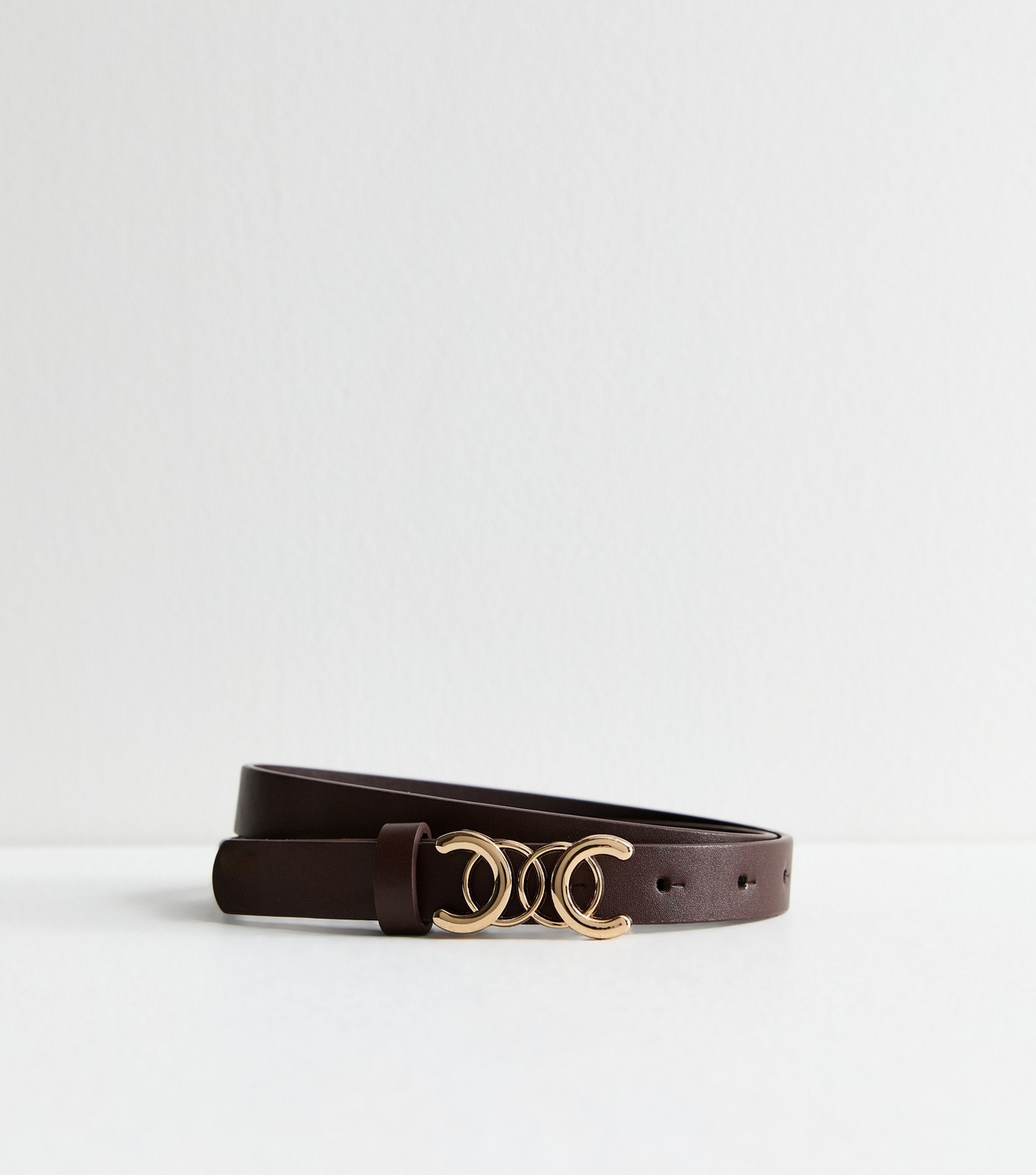Brown Leather-Look Curved Buckle Skinny Belt New Look