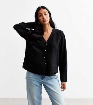 Black V-Neck Button Through Textured Shirt 