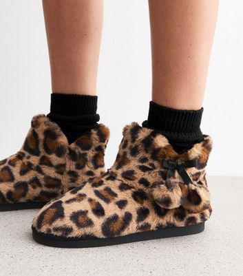 Brown Pom Pom Faux Fur Ankle Boot Slippers