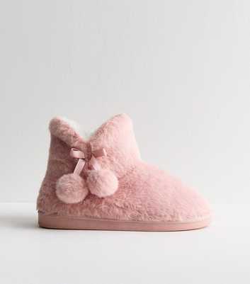 Pink Pom Pom Faux Fur Ankle Boot Slippers