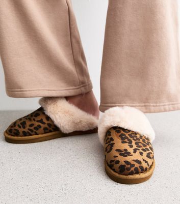 Stone Suedette Leopard Print Mule Slippers New Look