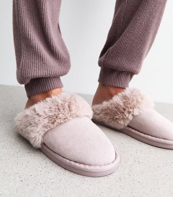 Lilac Suedette Faux Fur Trim Mule Slippers New Look