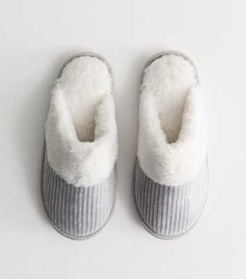 Grey Faux Fur Lined Velvet Mule Slippers