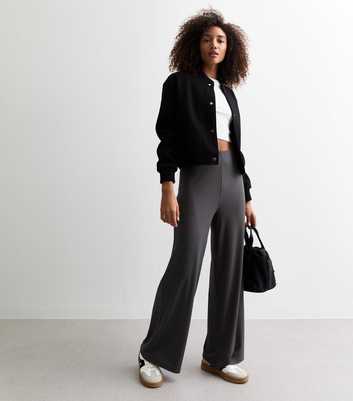 Grey Ribbed Wide Leg Trousers