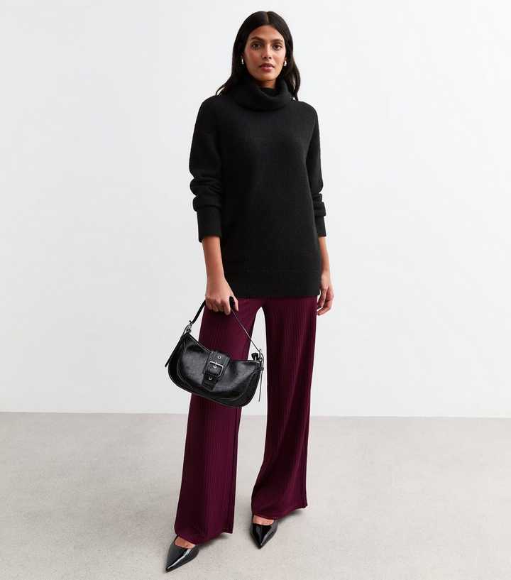 Burgundy Ribbed Wide Leg Trousers