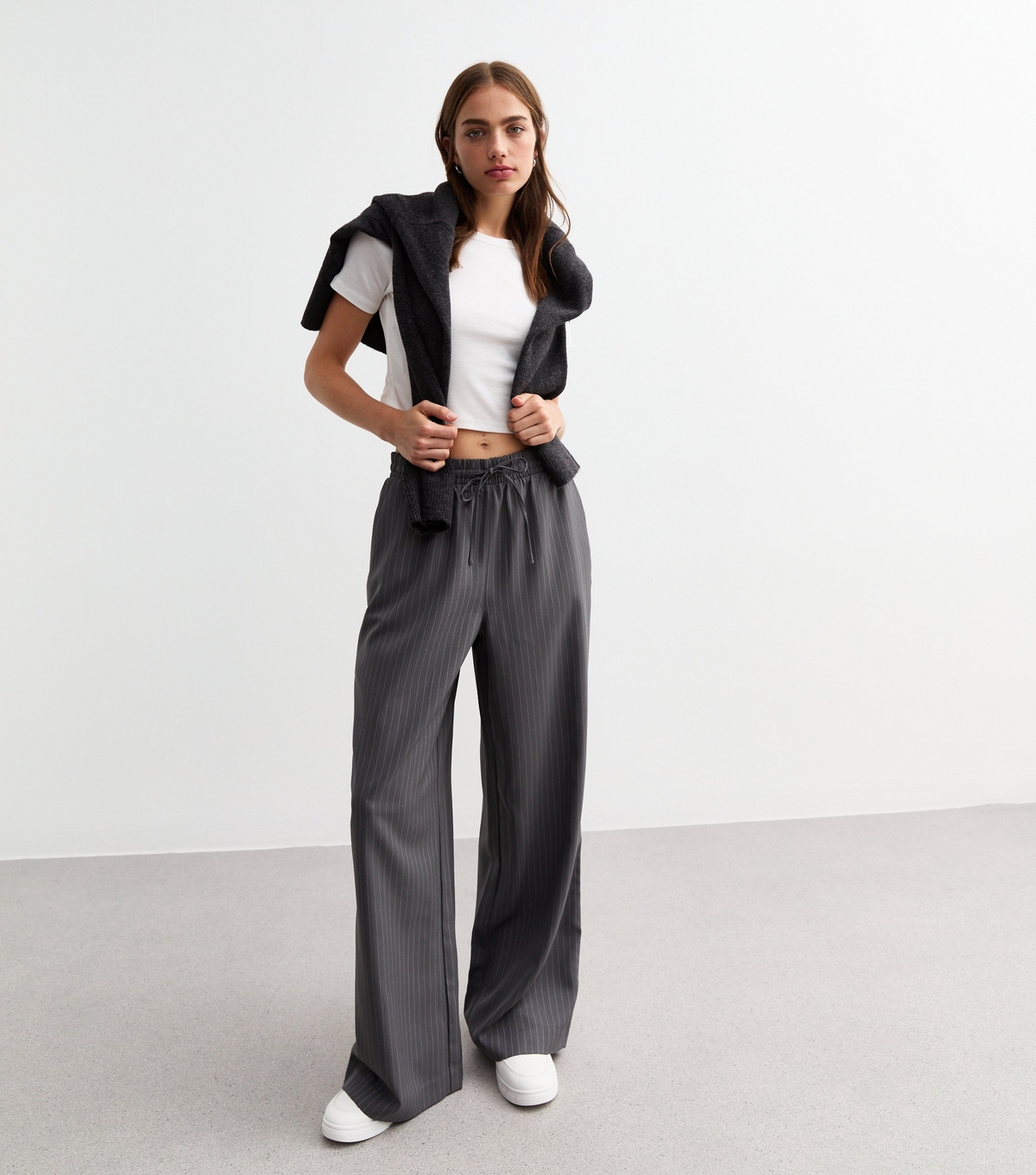 Women's Light Grey Pinstripe Drawstring Wide Leg Trousers New Look