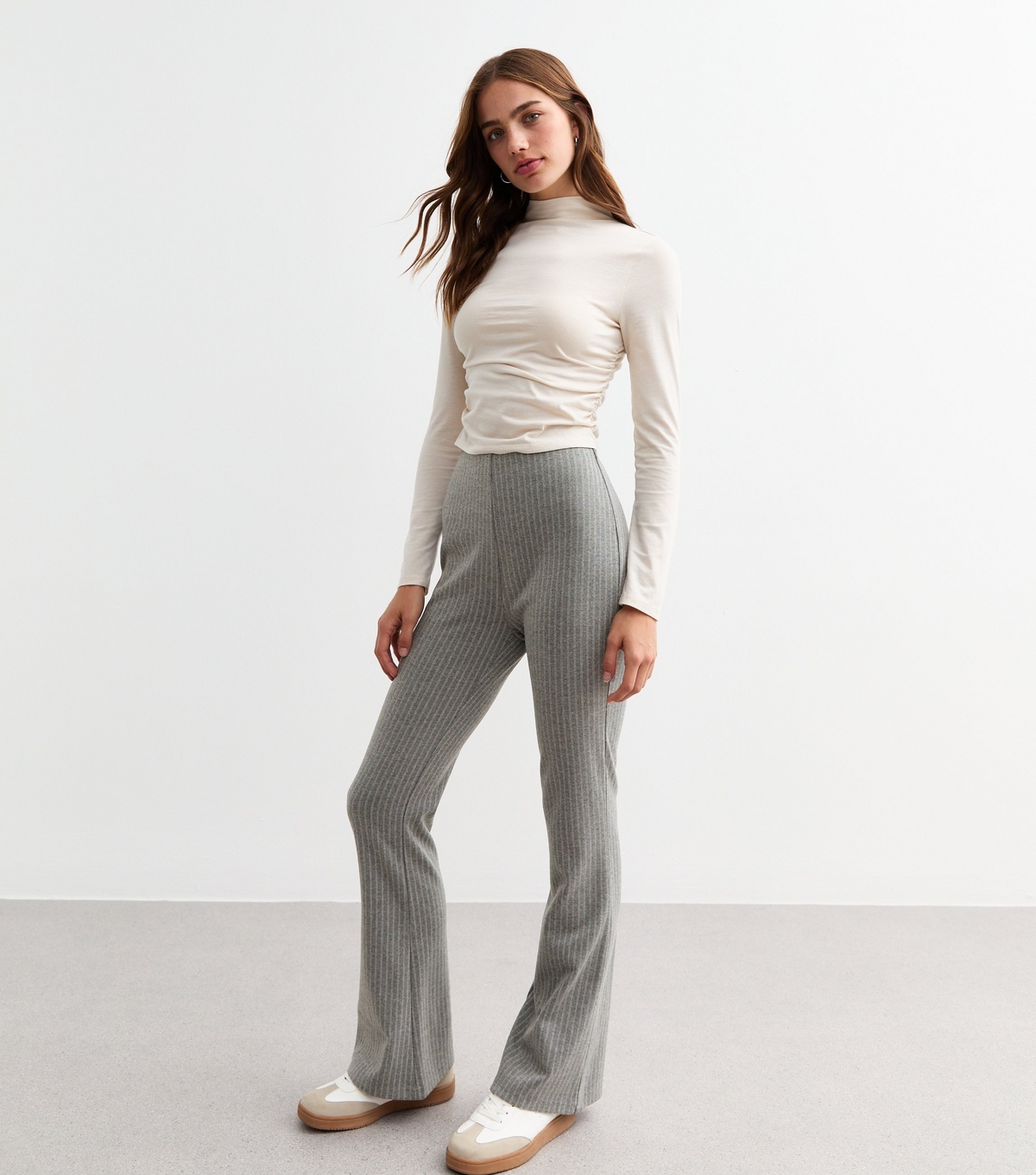 Women's Grey Pinstriped Flared Trousers New Look