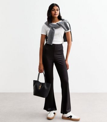 Black Ribbed Flared Trousers New Look