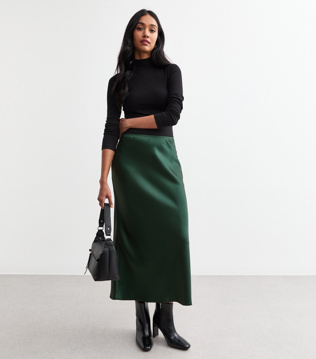 Women's Green Satin Bias Cut Midi Skirt New Look