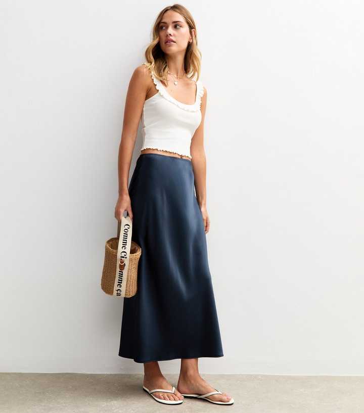 Navy Blue Satin Bias Cut Midi Skirt