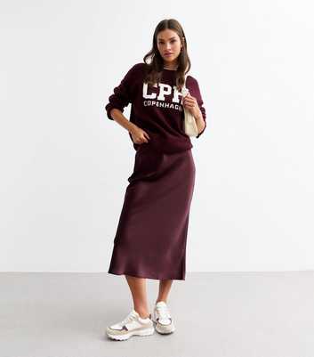 Burgundy Satin Bias Cut Midi Skirt