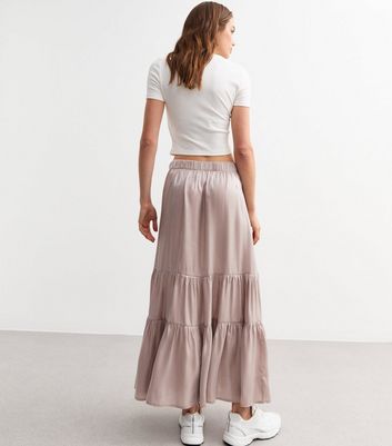 Pink Satin Tiered Midi Skirt New Look