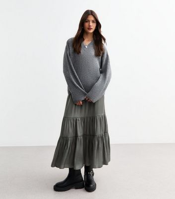 Satin Poise Midi Skirt in Grey