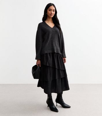 Black Asymmetric Tiered Midi Skirt | New Look