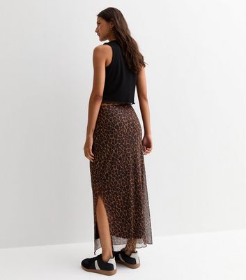 Brown Mesh Animal Print Split Hem Maxi Skirt New Look