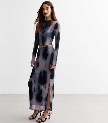 Black Abstract Print Mesh Side Split Midi Skirt