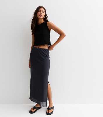 Dark Grey Mesh Split Hem Midi Skirt