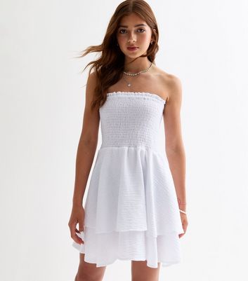 Girls White Shirred Strapless Rara Dress New Look