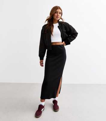 Girls Black Ribbed Split Hem Maxi Skirt