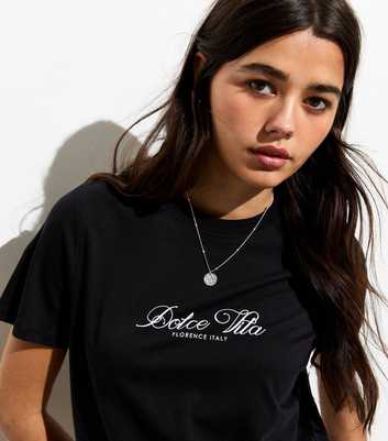 Black Cotton Dolce Vita Slogan T-Shirt