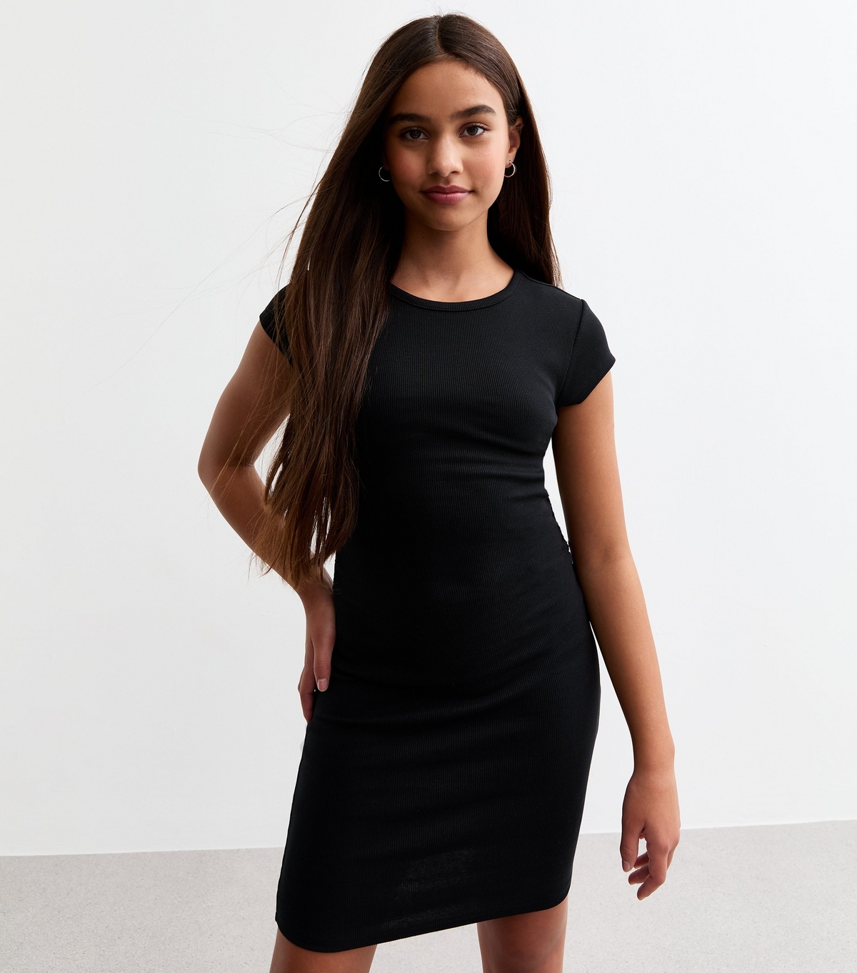 Girls' Black Ruched Side Ribbed Jersey Dress New Look