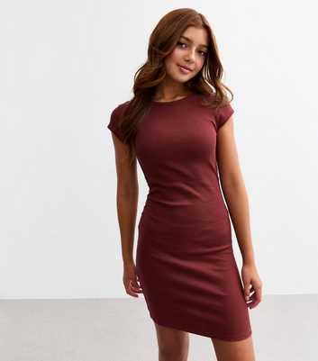 Girls Burgundy Cap Sleeve Ruched Ribbed Dress