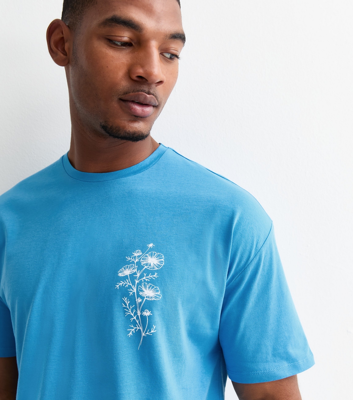 Men's Bright Blue Cotton Flower Stencil Oversized T-Shirt New Look