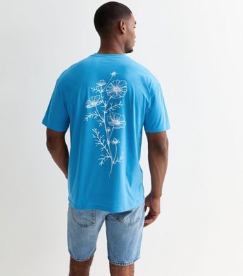 Men's Bright Blue Cotton Flower Stencil Oversized T-Shirt New Look