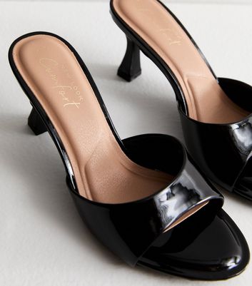 Black Leather Look Heeled Mules Sandals New Look